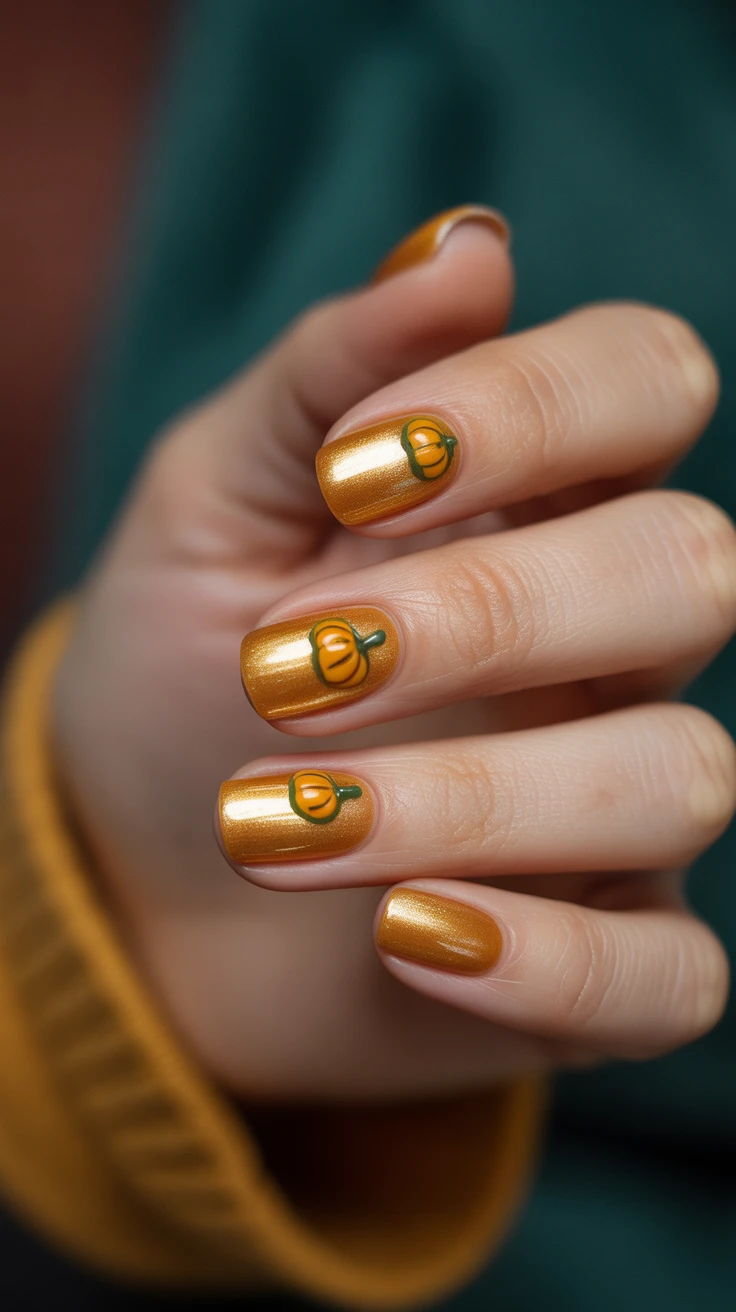 Golden nails with pumpkin design, playful fall art