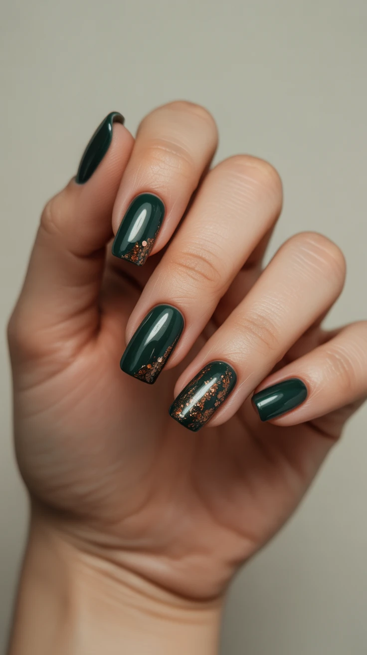 Dark green nails with gold flakes, sophisticated fall look