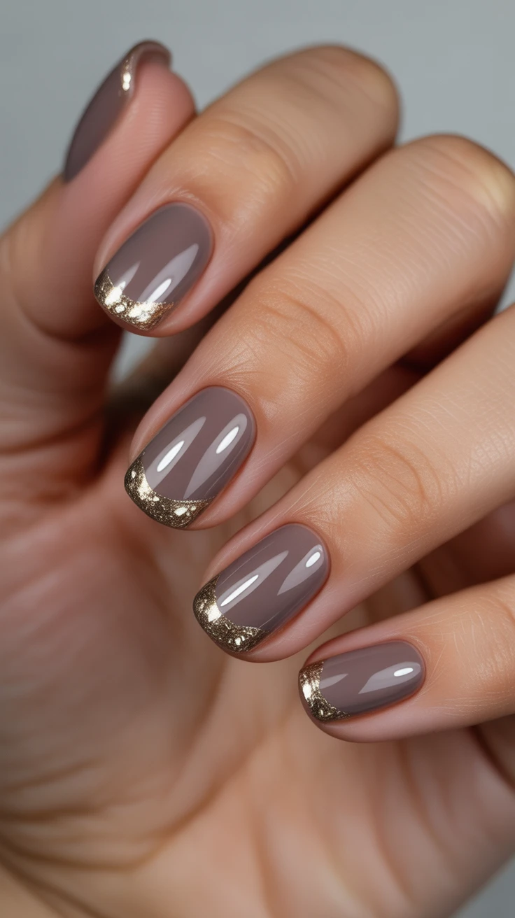 Mauve nails with gold French tips, chic fall manicure