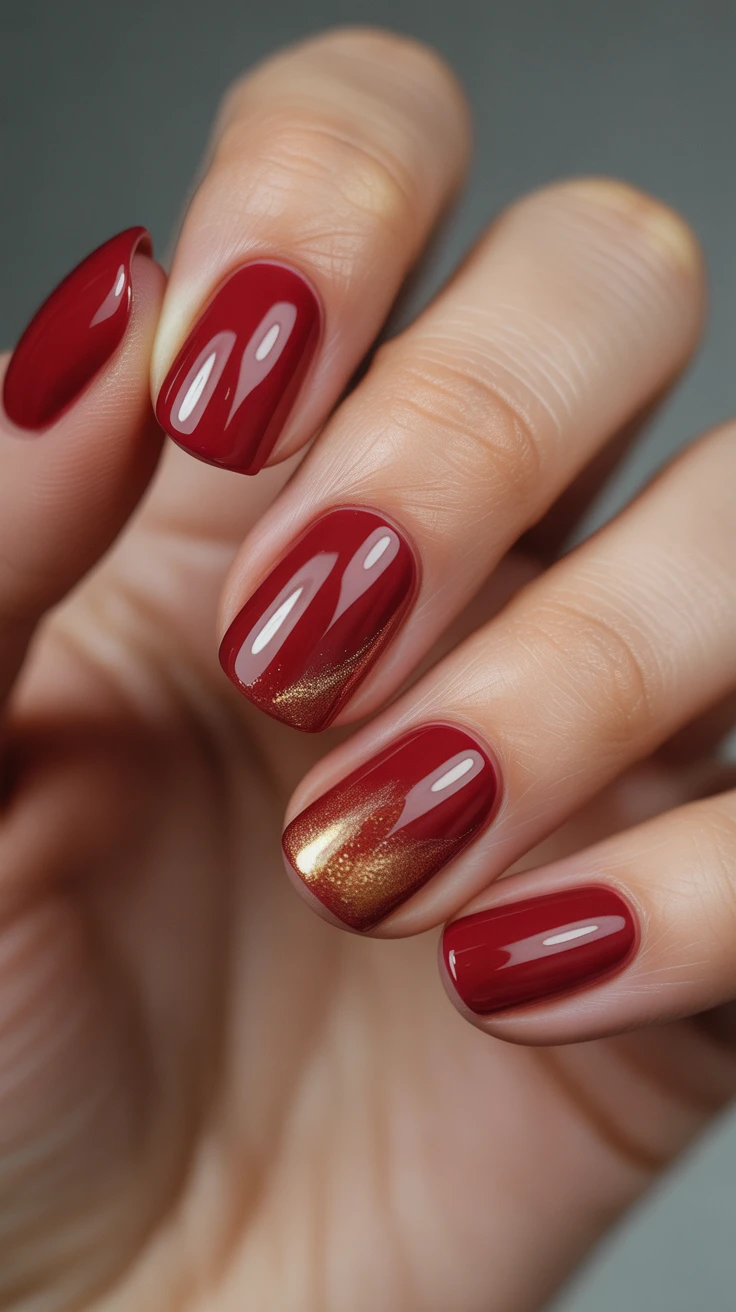 Red nails with gold ombre, classic fall elegance