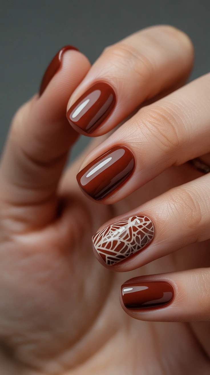 Brown nails with web accent, stylish fall art
