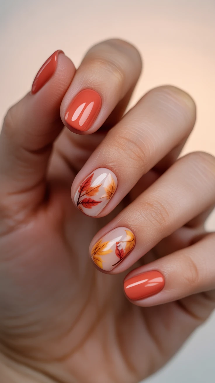 Coral nails with autumn leaf art, vibrant fall look