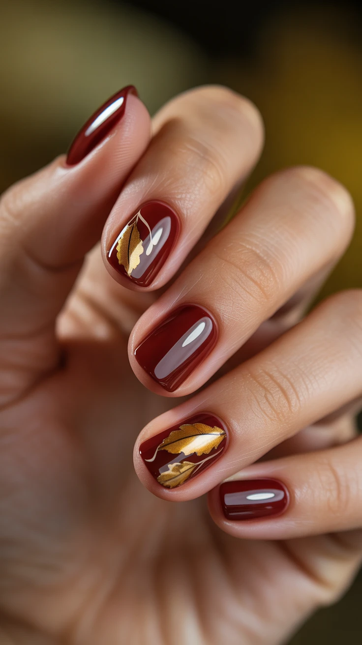 Burgundy nails with gold leaf accents, elegant fall style
