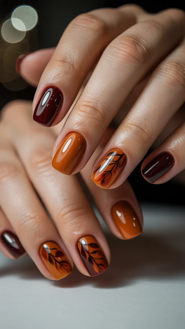 Burnt orange and maroon nails, gradient fall design