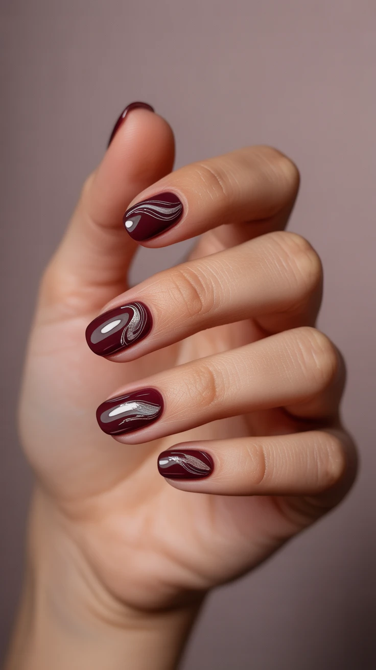 Burgundy nails with silver swirl accents, elegant fall design