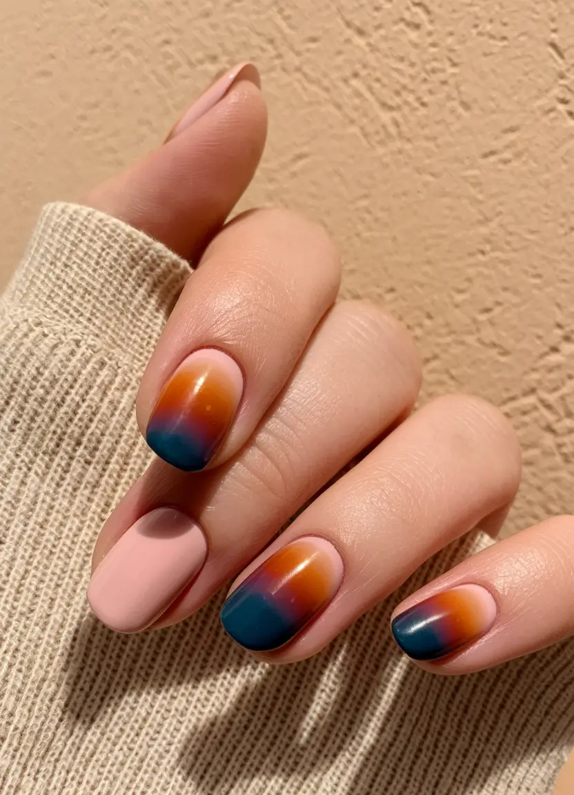 Sunset ombre nails with matte accent, autumn hues