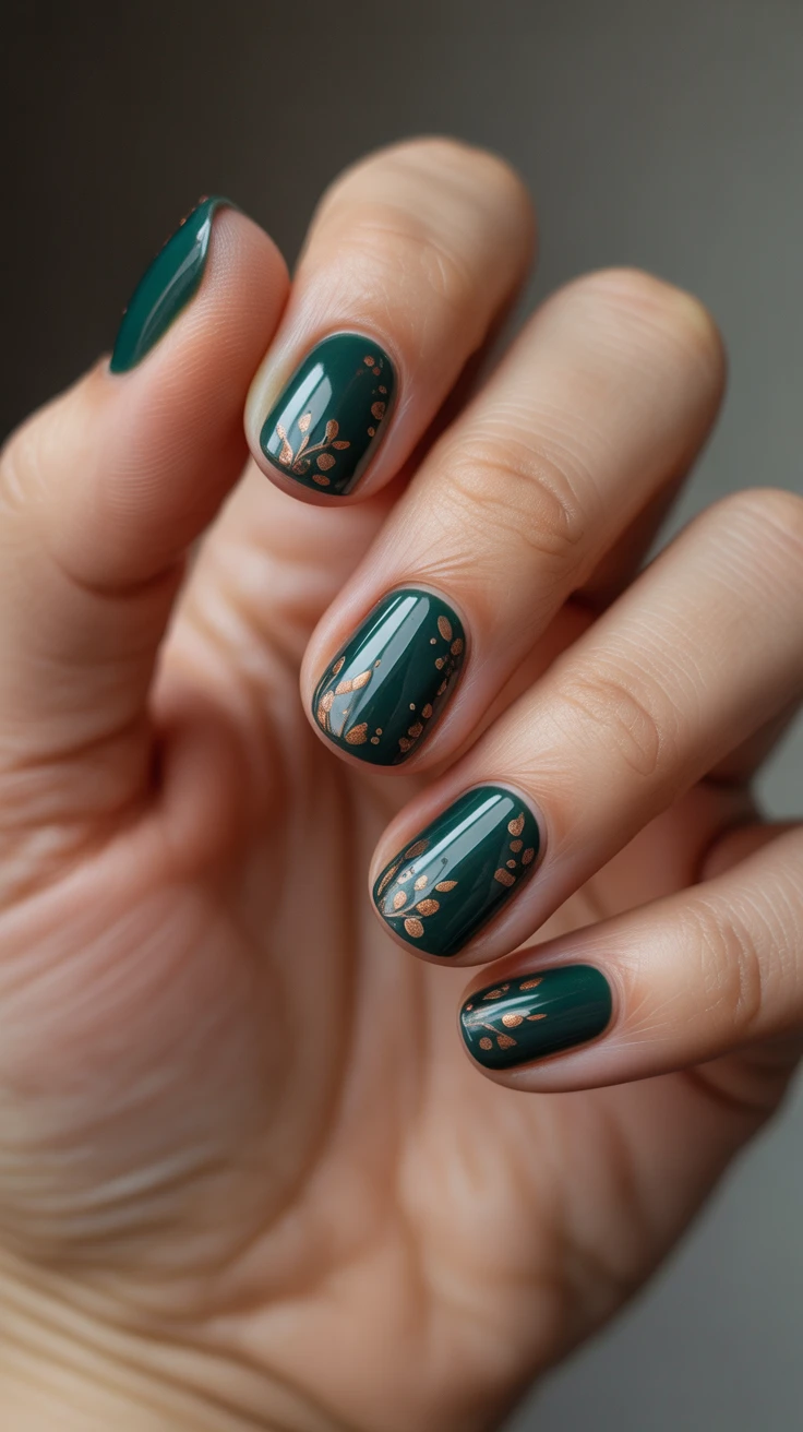 Emerald green nails with copper details, elegant fall design