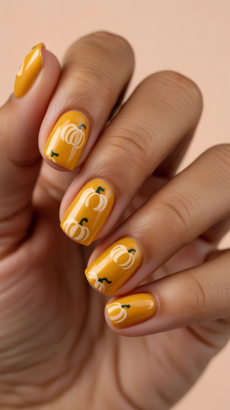 Mustard yellow nails with pumpkin motifs, playful fall art