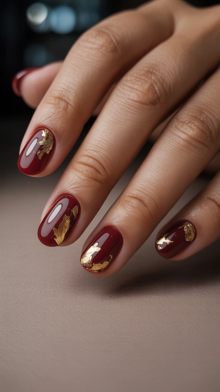 Maroon nails with gold leaf accents, luxurious fall manicure