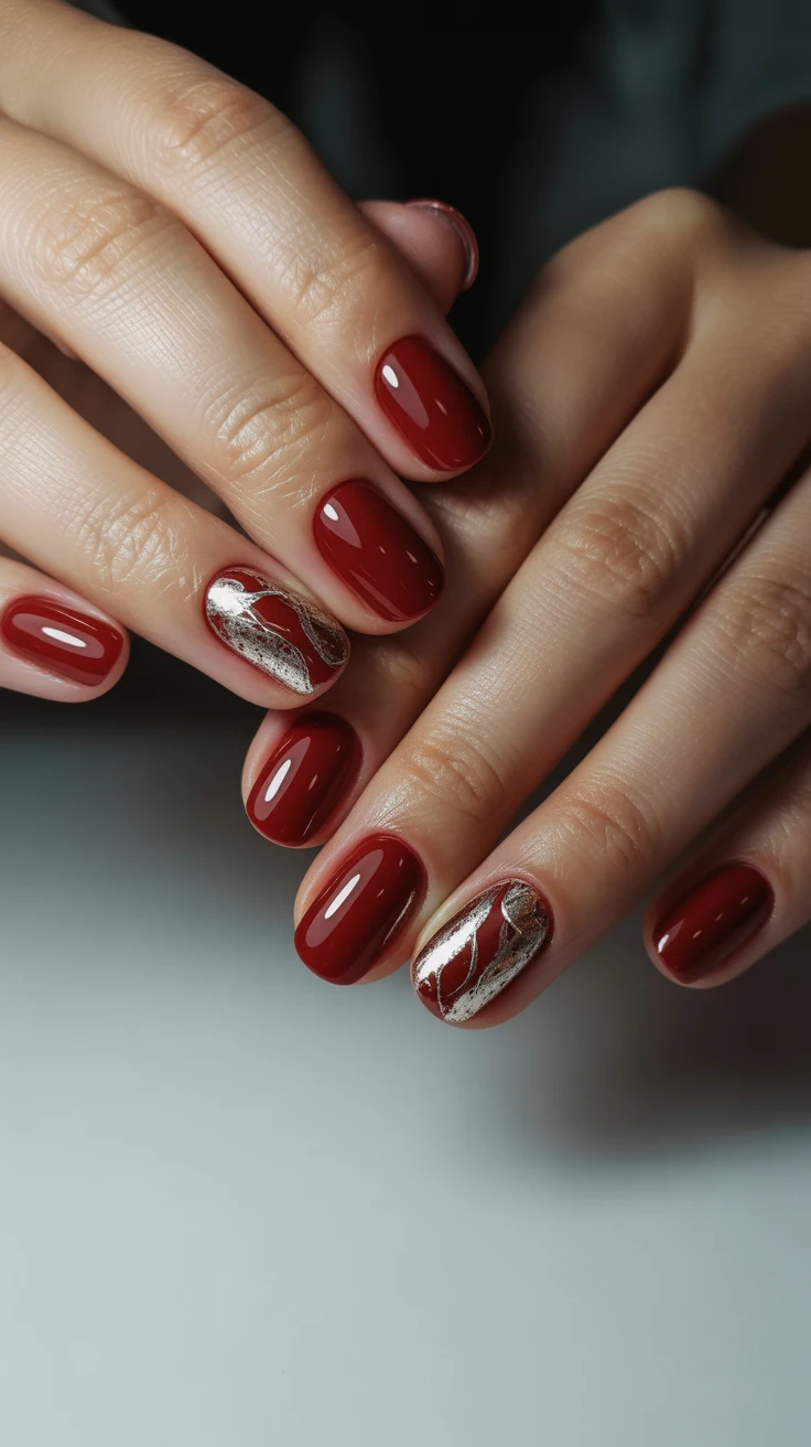 Crimson nails with silver details, elegant fall style