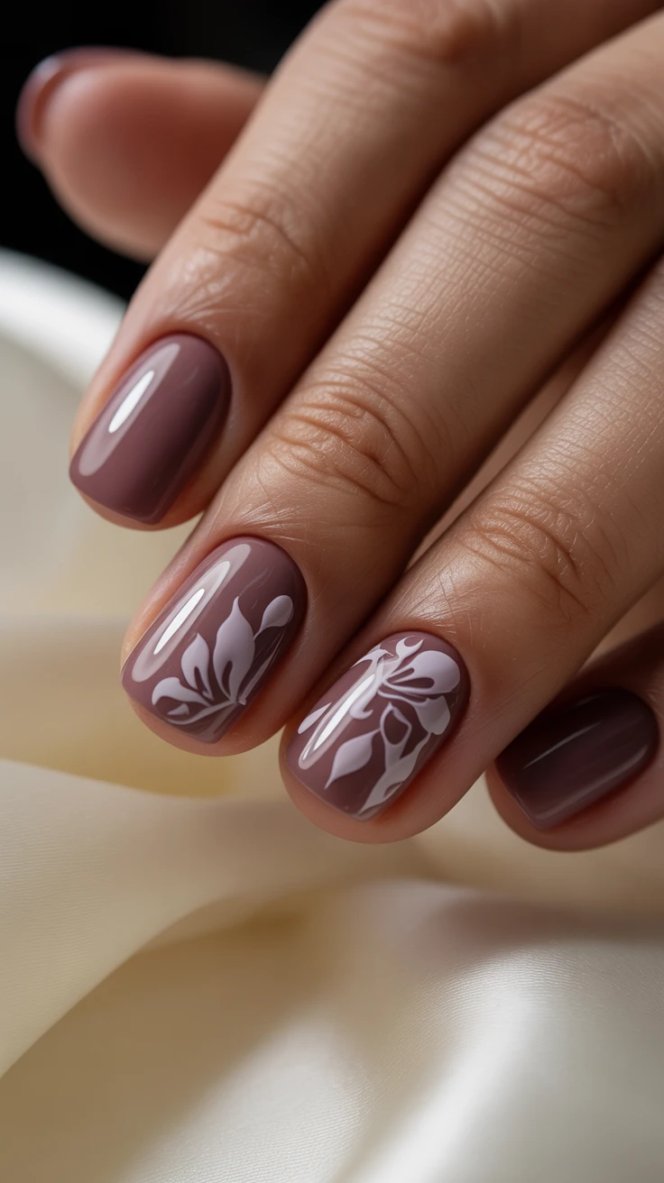 Mauve nails with floral art, sophisticated fall design