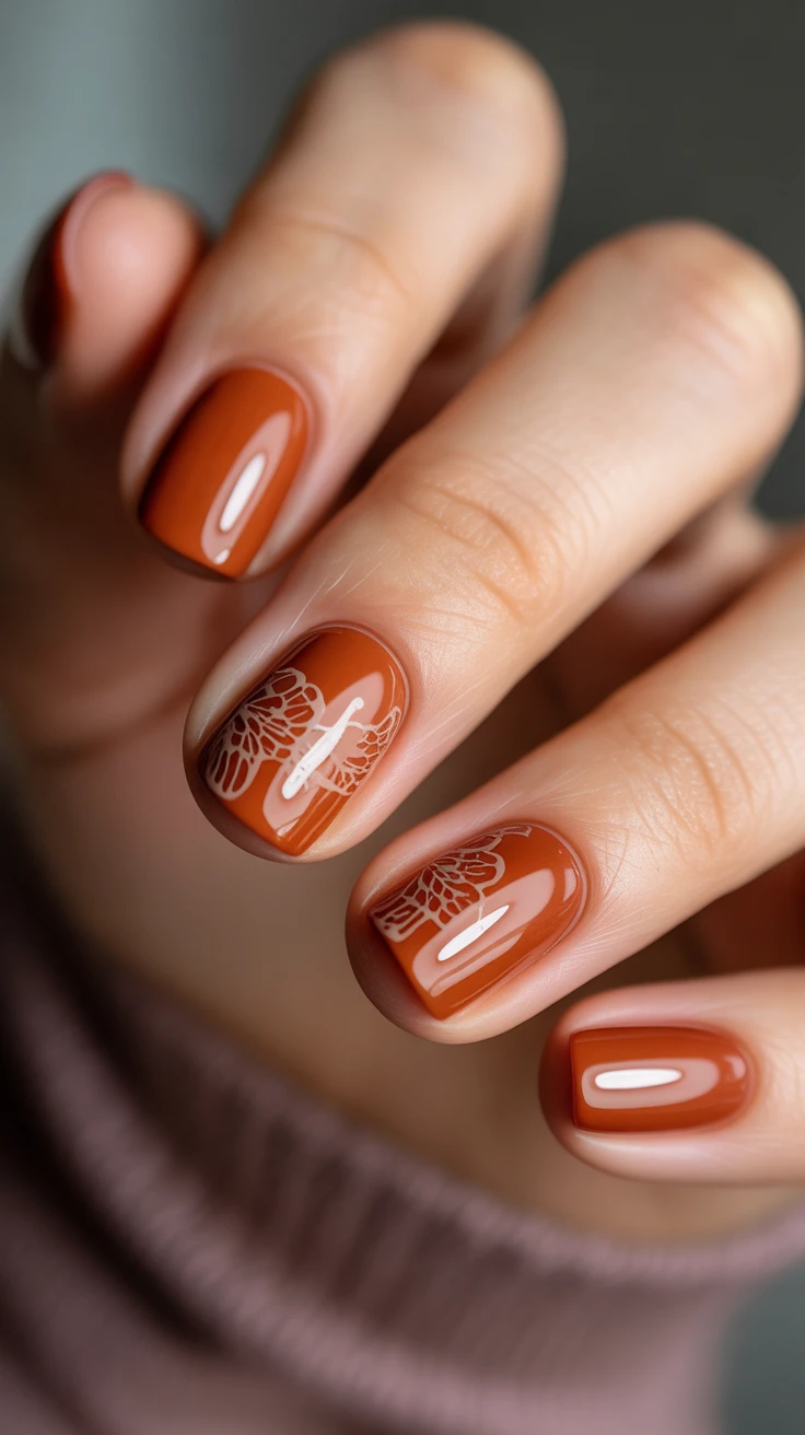 Amber nails with leaf motifs, autumn inspiration