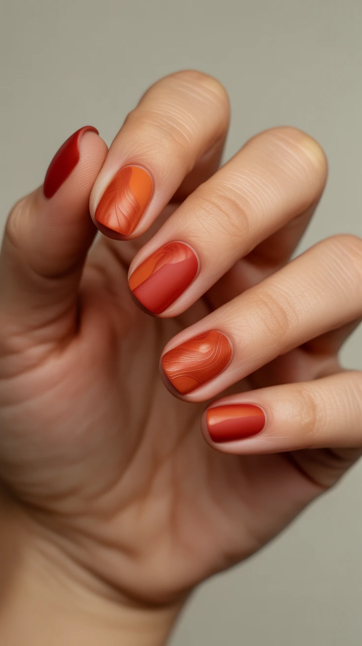 Matte terracotta nails with swirl accent, modern fall look