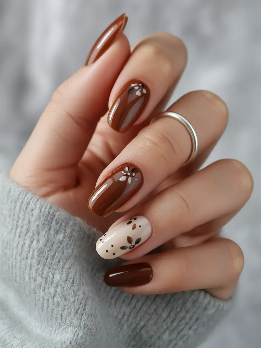 Chocolate nails with floral accents, cozy fall design