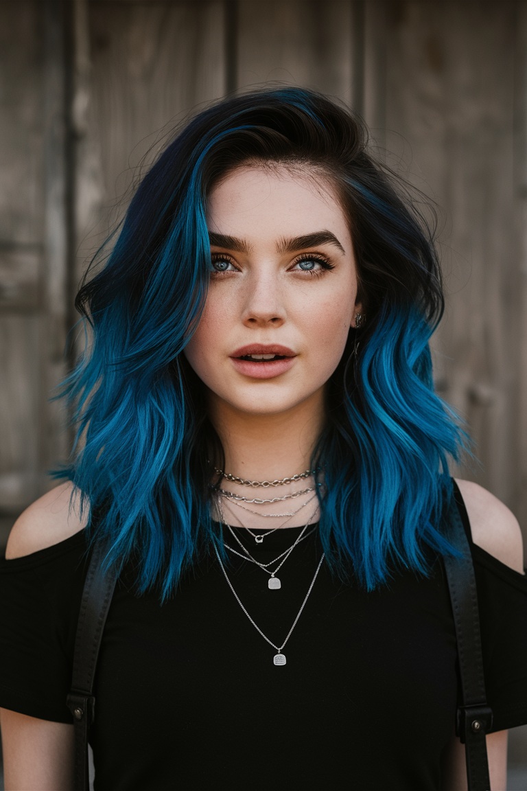 Vibrant blue ombre on medium hair