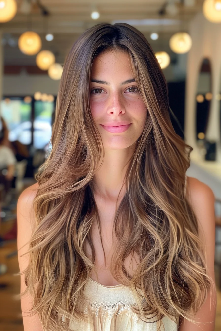 Long brunette hair with sunlit layers