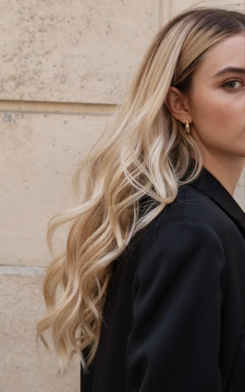Soft blonde waves with root shadow for depth