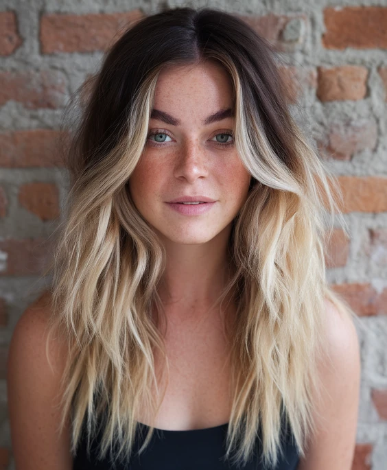 Beachy blonde with dark roots for easy styling