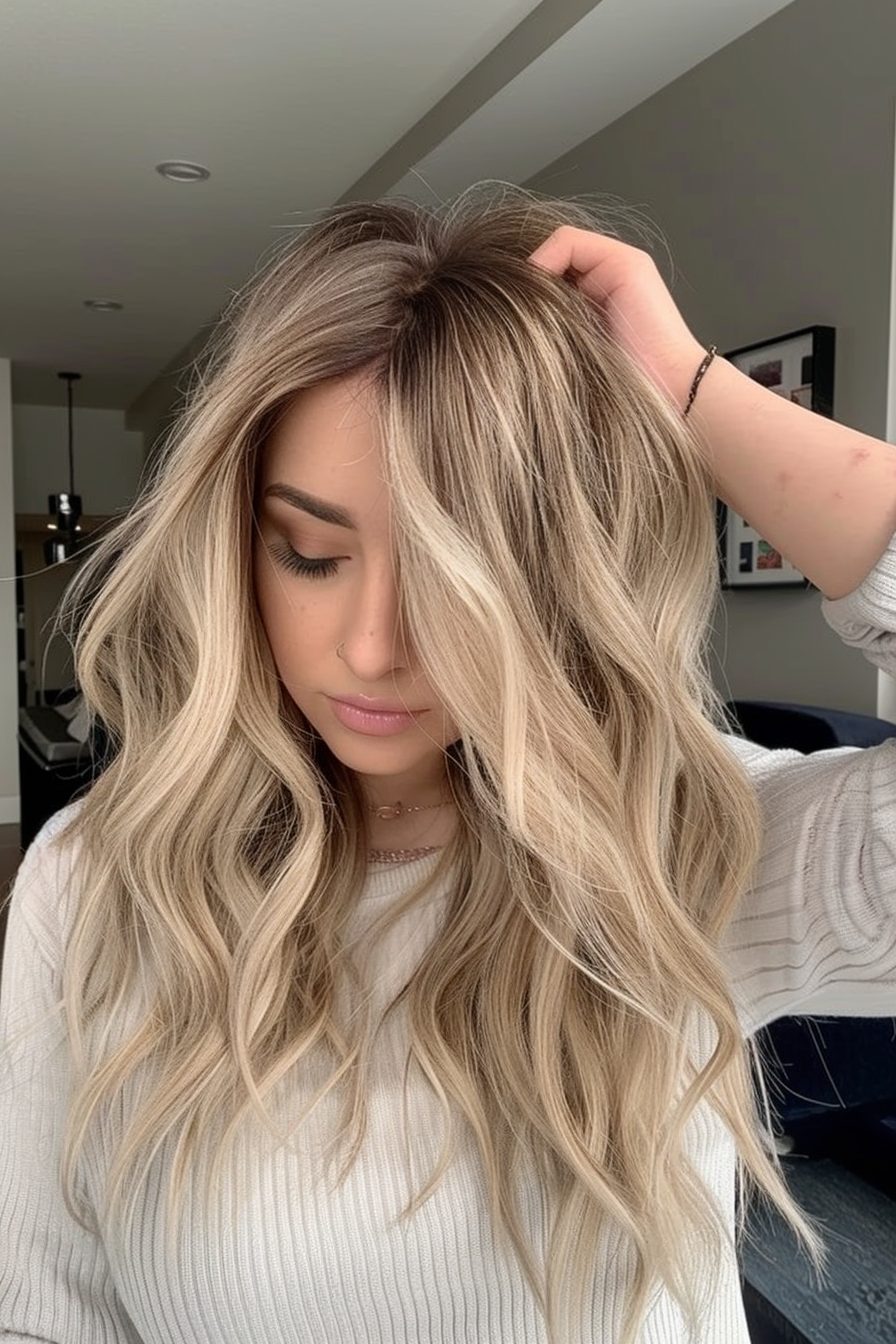 Beachy blonde with dark roots for effortless chic