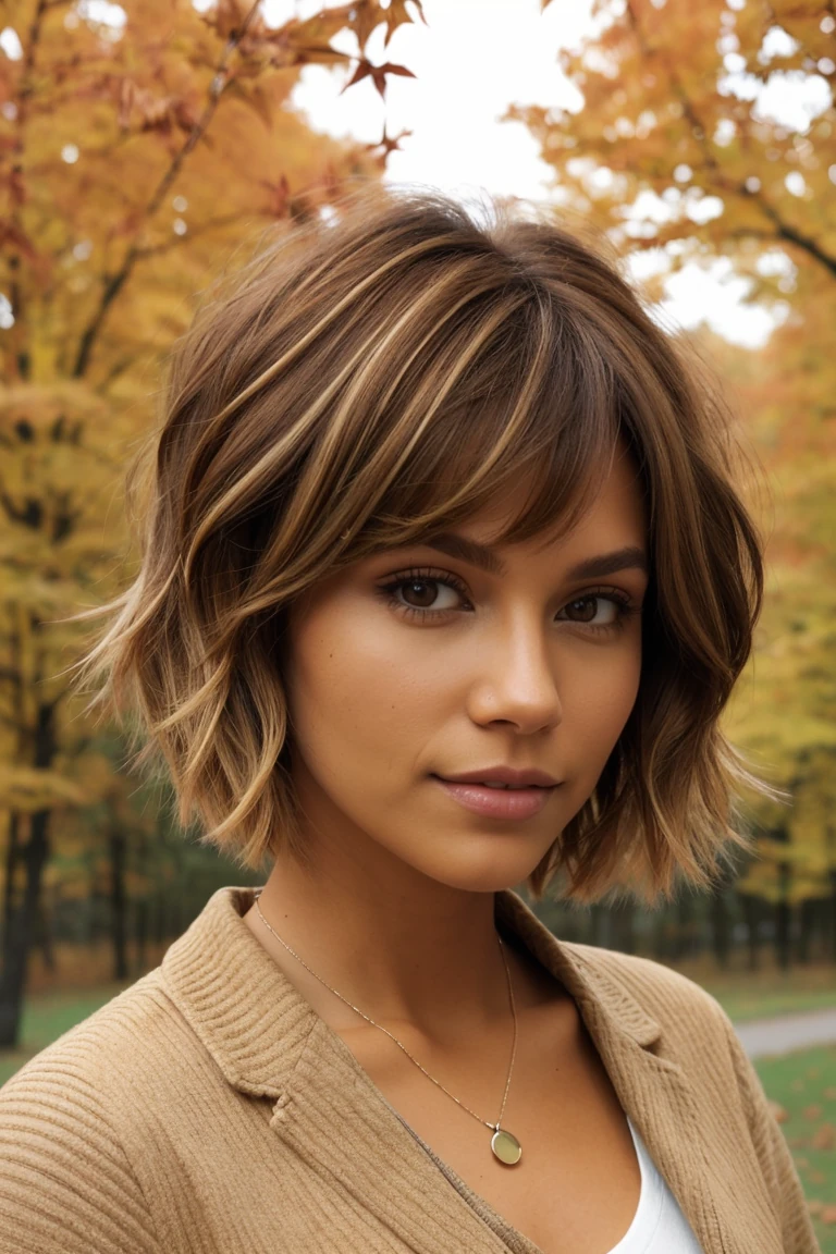 Warm honey blonde lob with fringe for fall