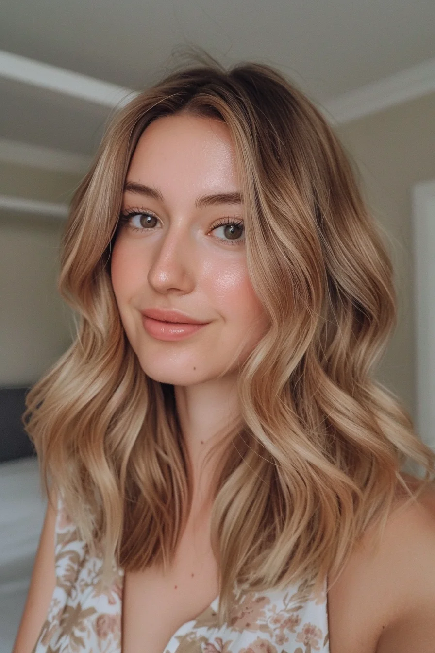 Soft caramel blonde waves for a natural look