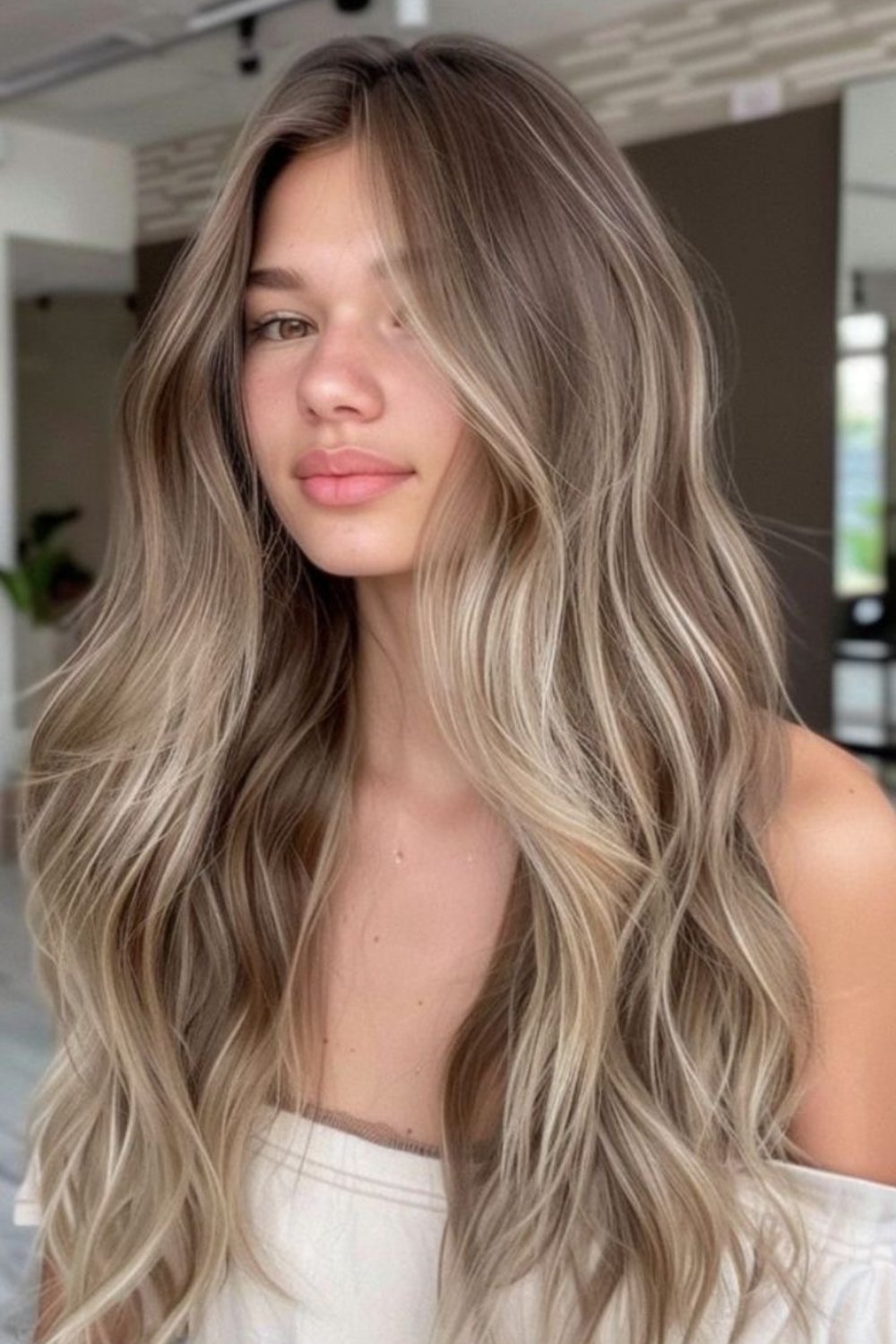 Mocha blonde with soft highlights and loose waves
