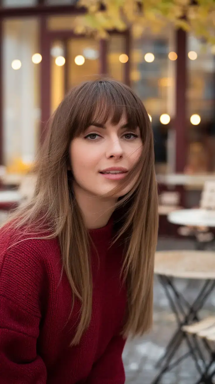 Sleek straight hair, curtain bangs, long length