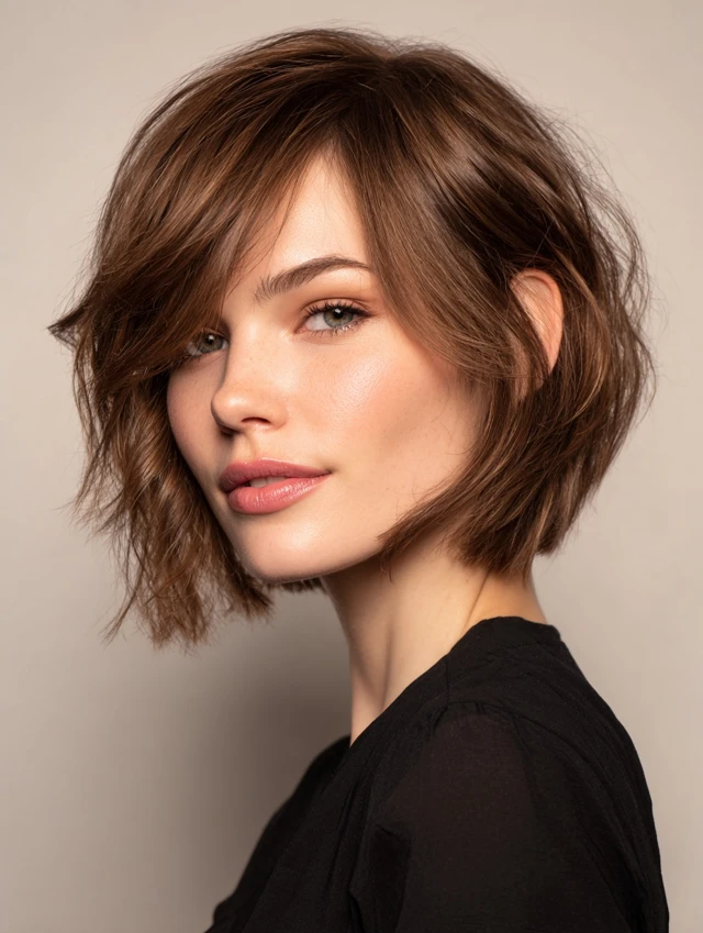 Chic layered pixie, side-swept bangs, short length