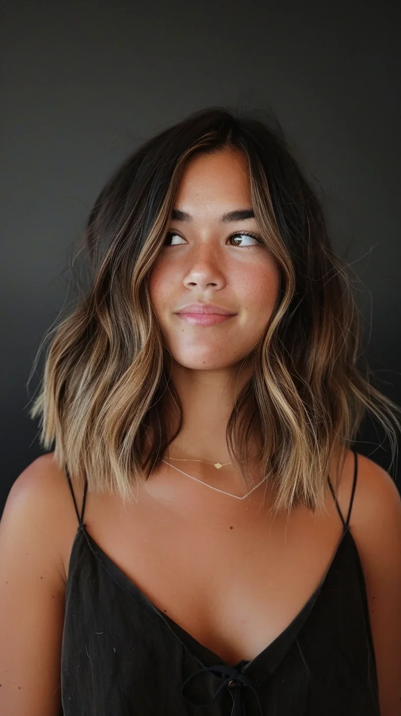 Textured lob, subtle balayage, medium length
