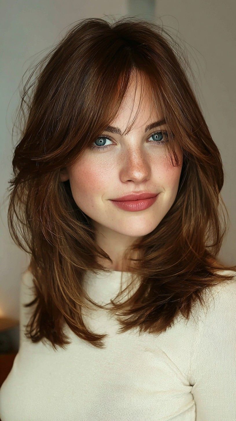 Layered shag, curtain bangs, medium length
