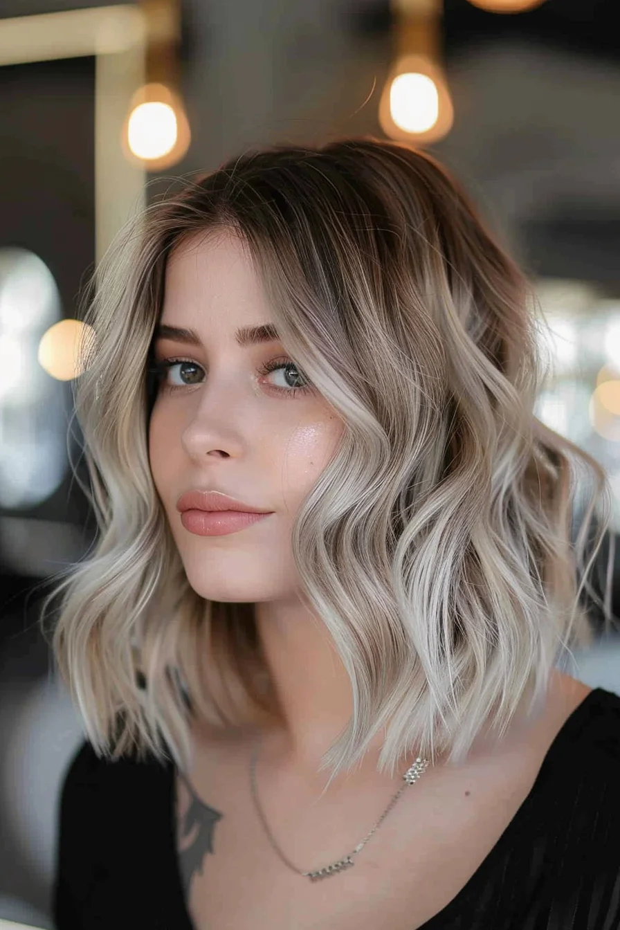 Blonde tousled bob, root shadow, short length