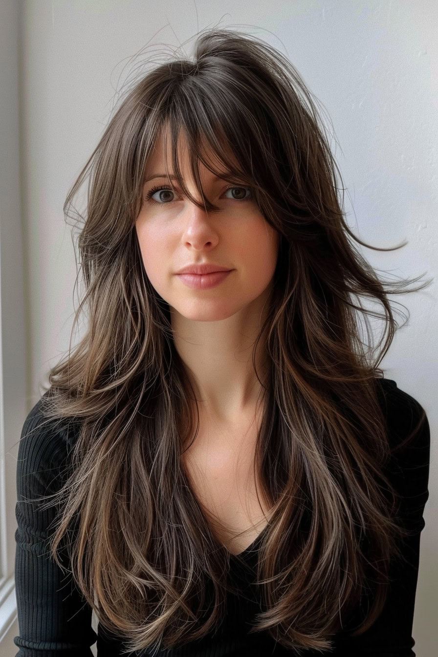 Long layers, soft curtain bangs, tousled texture