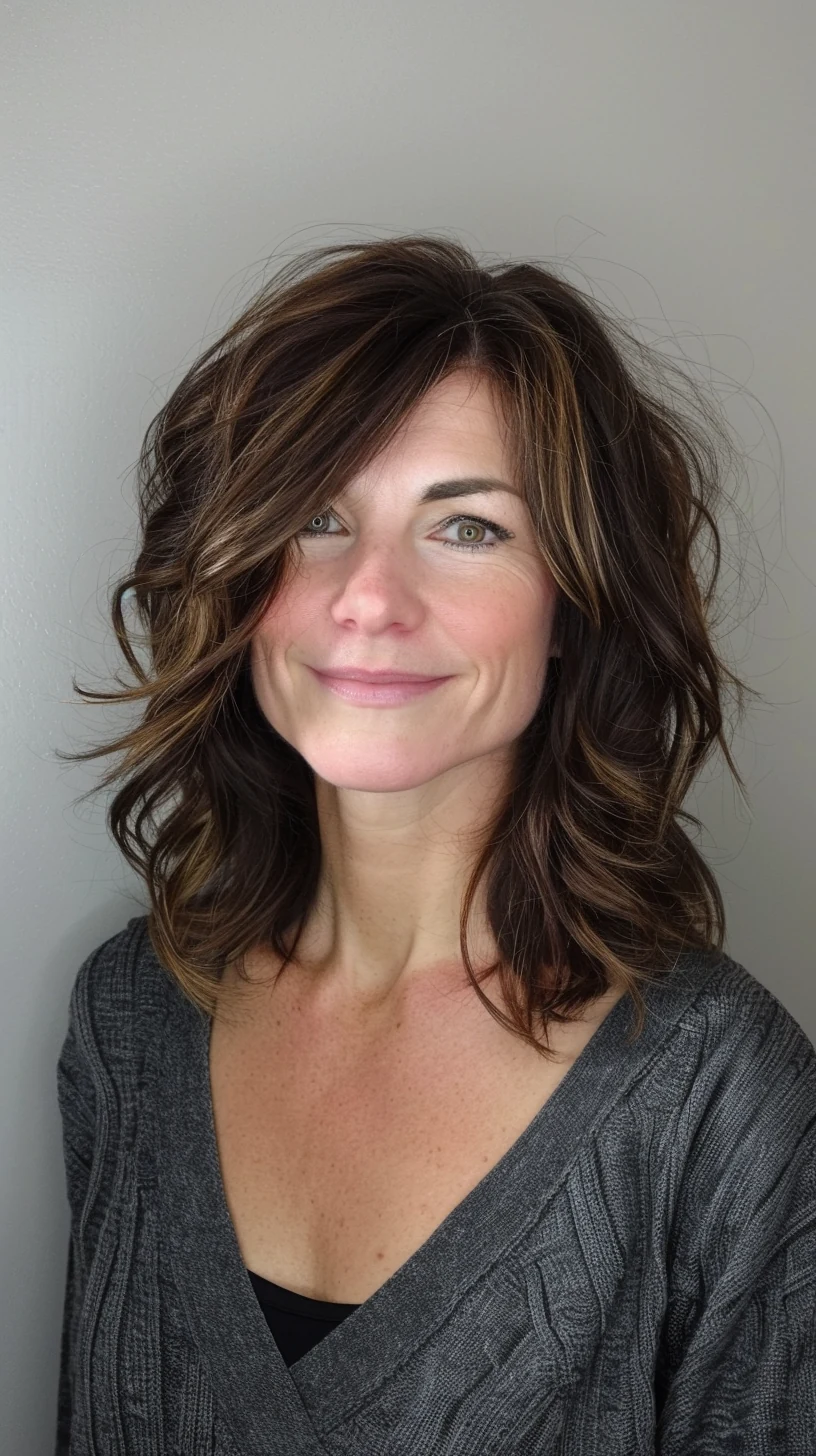 Layered shag, messy waves, medium length