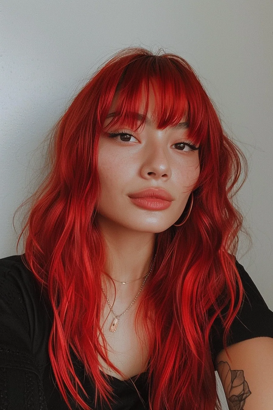 Fiery red layers, bangs, vibrant color