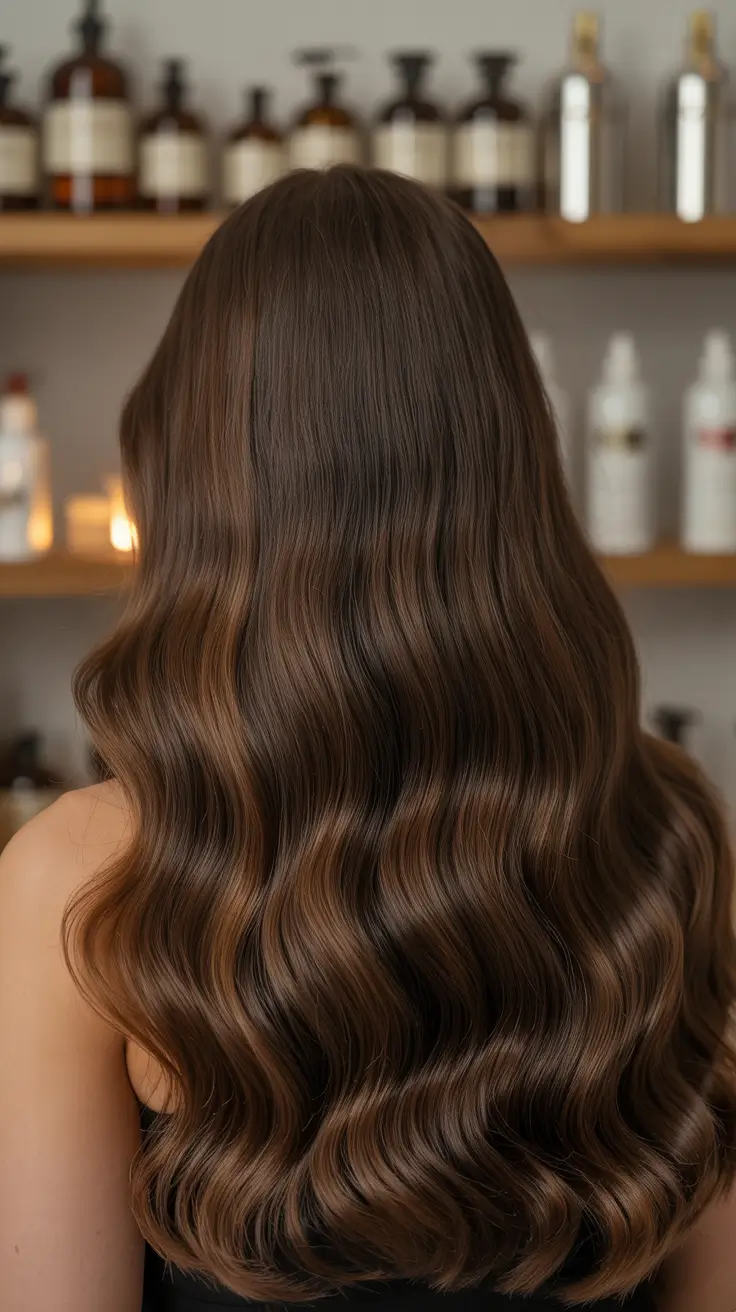 Glossy brunette waves, long length, sleek finish