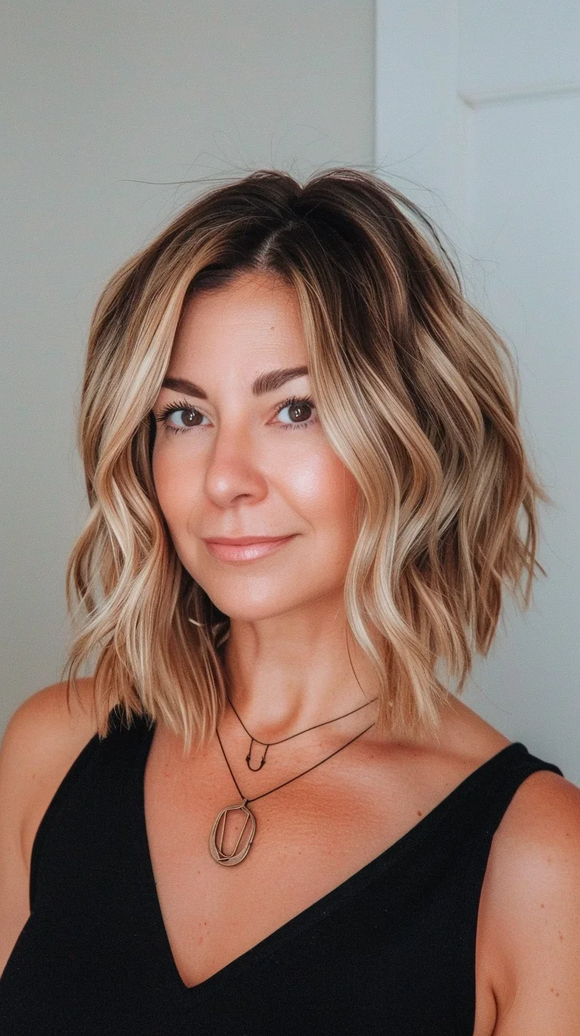 Textured blonde bob, wavy finish, medium length