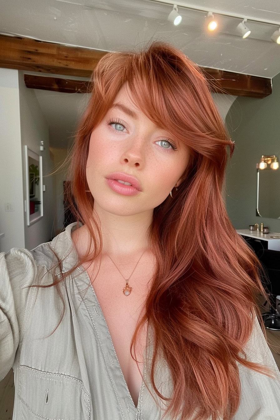 Copper red hair, side-swept bangs, long length