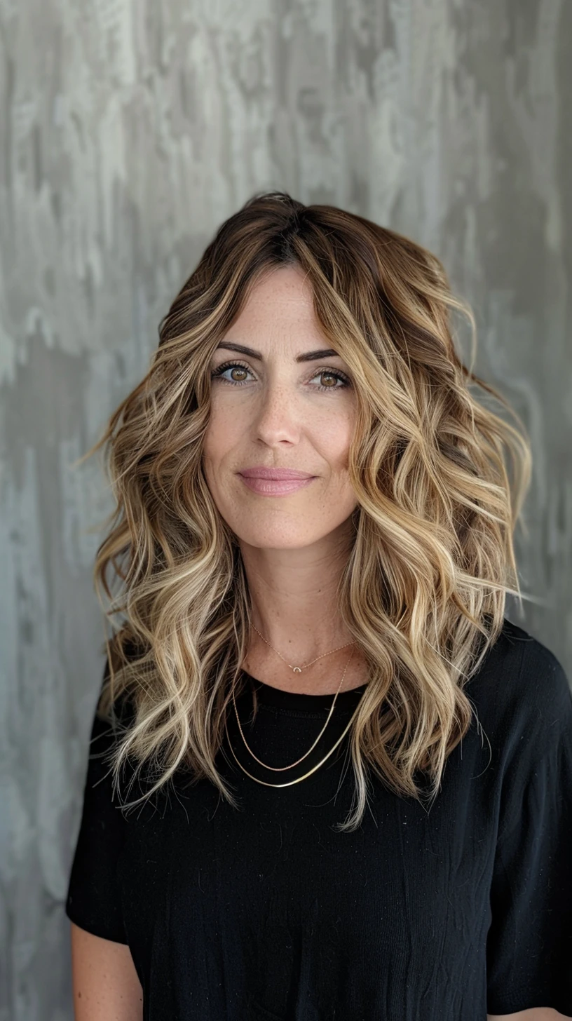 Layered lob, balayage highlights, medium length
