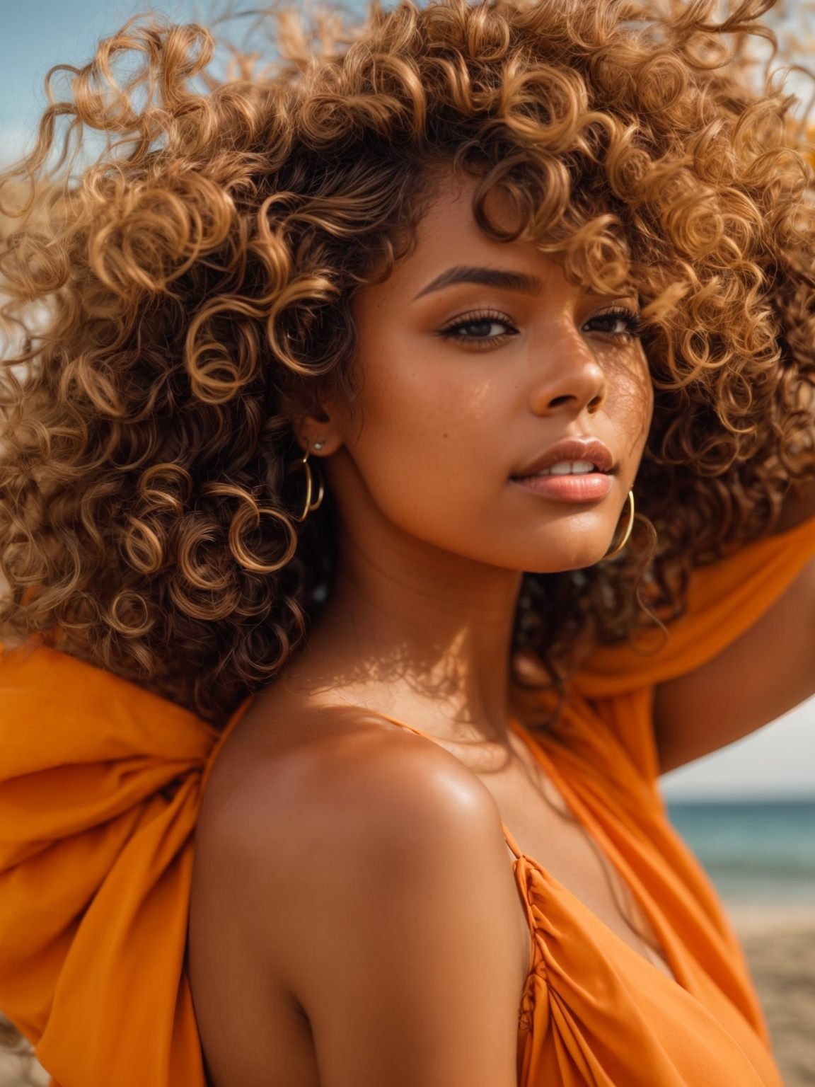 Defined curls, voluminous texture, medium length