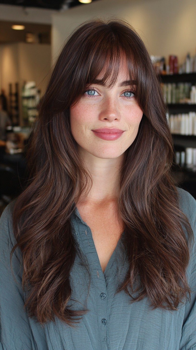 Long layers, curtain bangs, natural texture