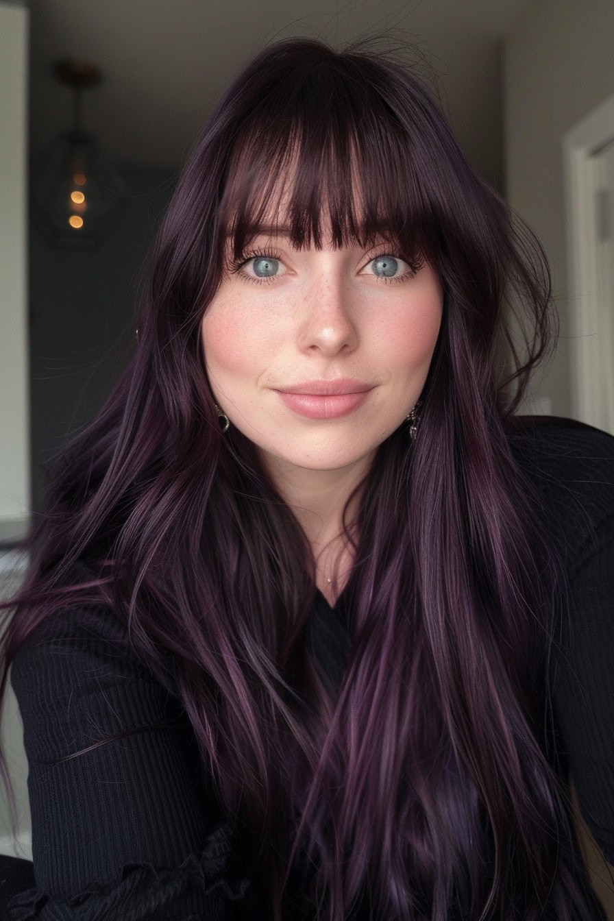 Deep plum waves, full bangs, long length