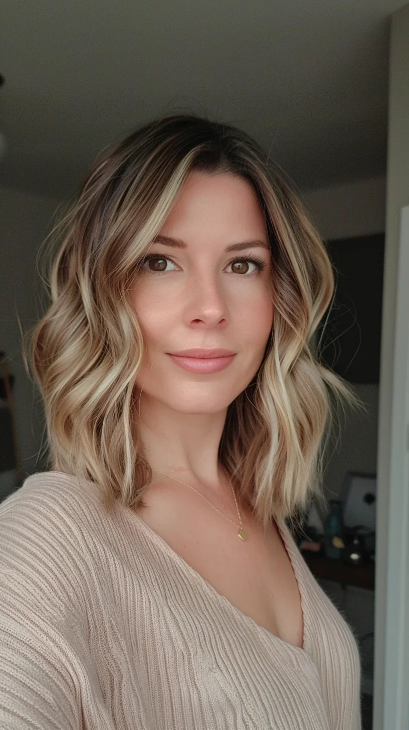 Blonde lob, soft waves, medium length