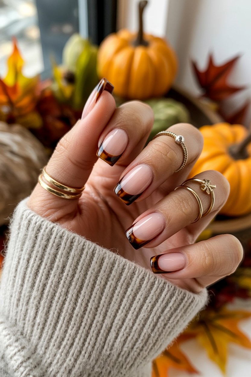 Mocha French tips with a modern twist, elegant fall nails.