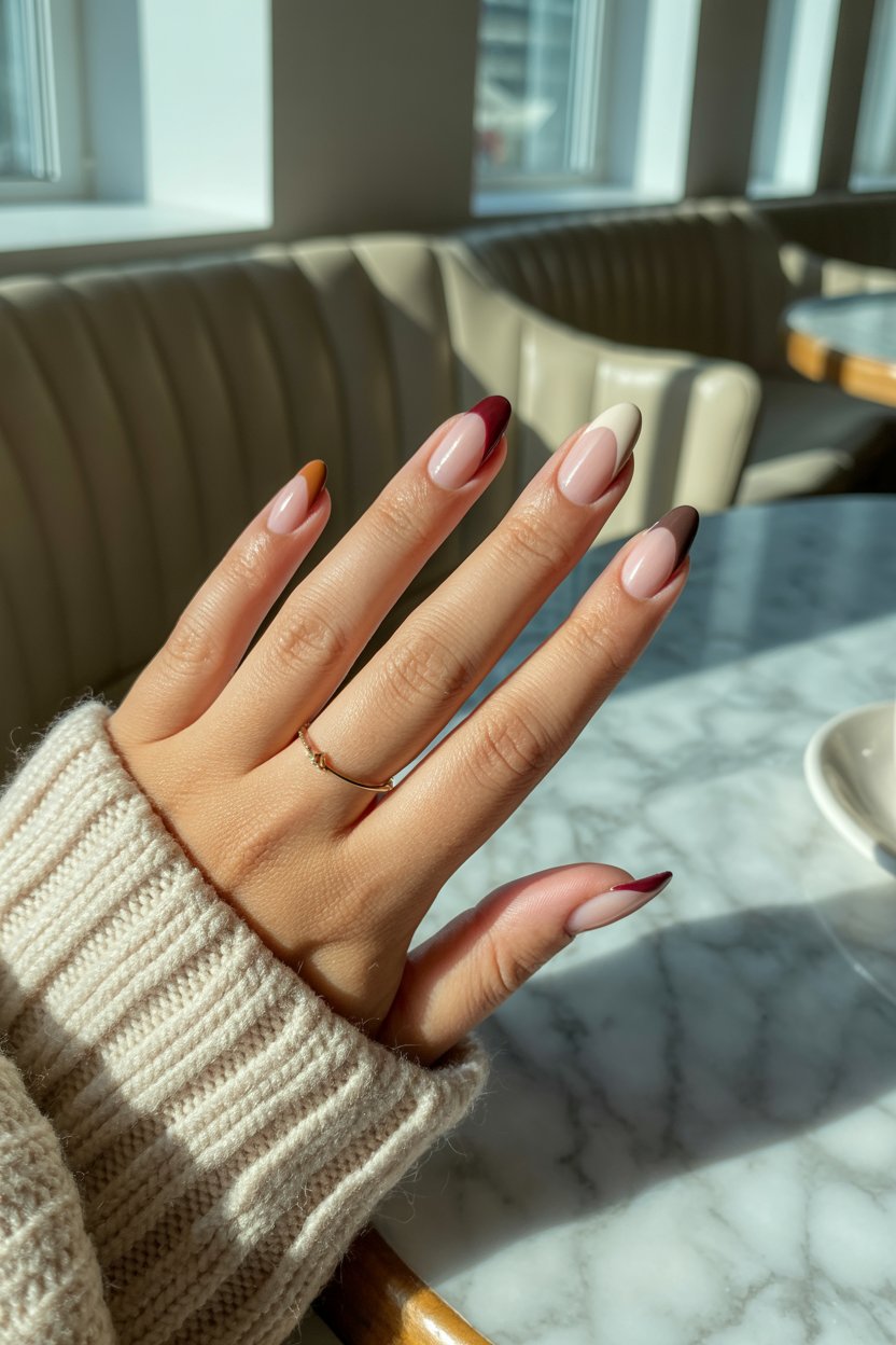 Autumn ombre nails with warm gradient colors, elegant fall look.
