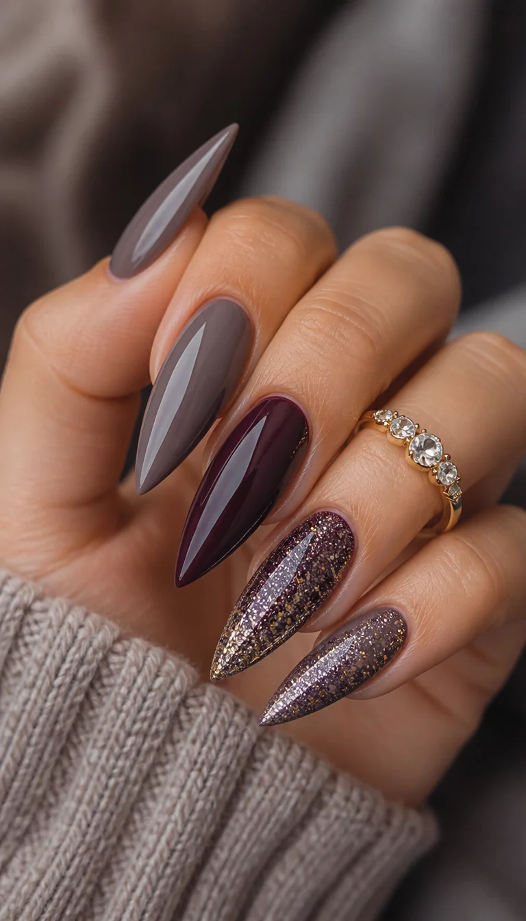 Plum glitter stiletto nails, glamorous fall evening look.