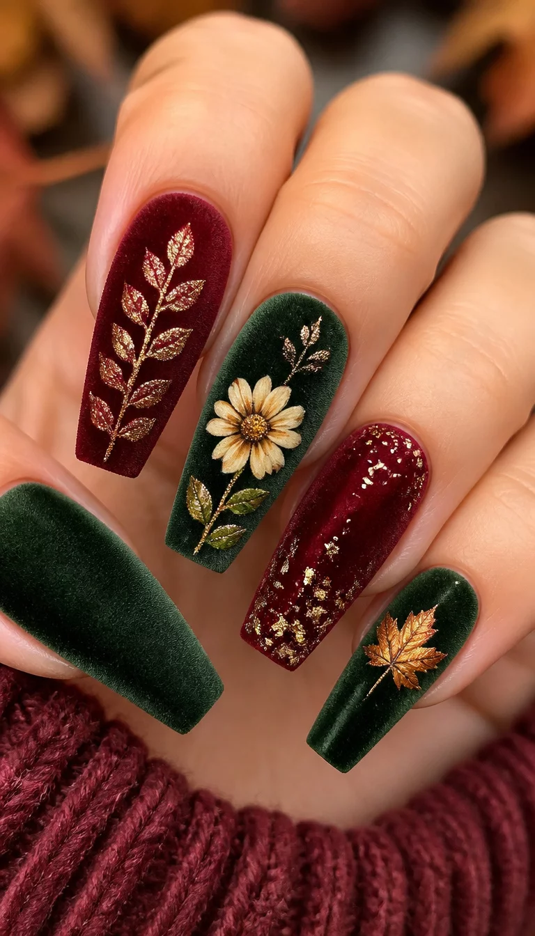Velvet green and burgundy nails with leaf designs, luxurious fall look.