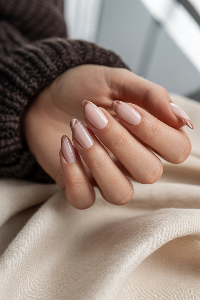 Soft marble almond nails with taupe tones.