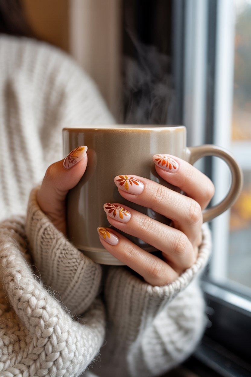 Autumn leaf nail art on almond nails.