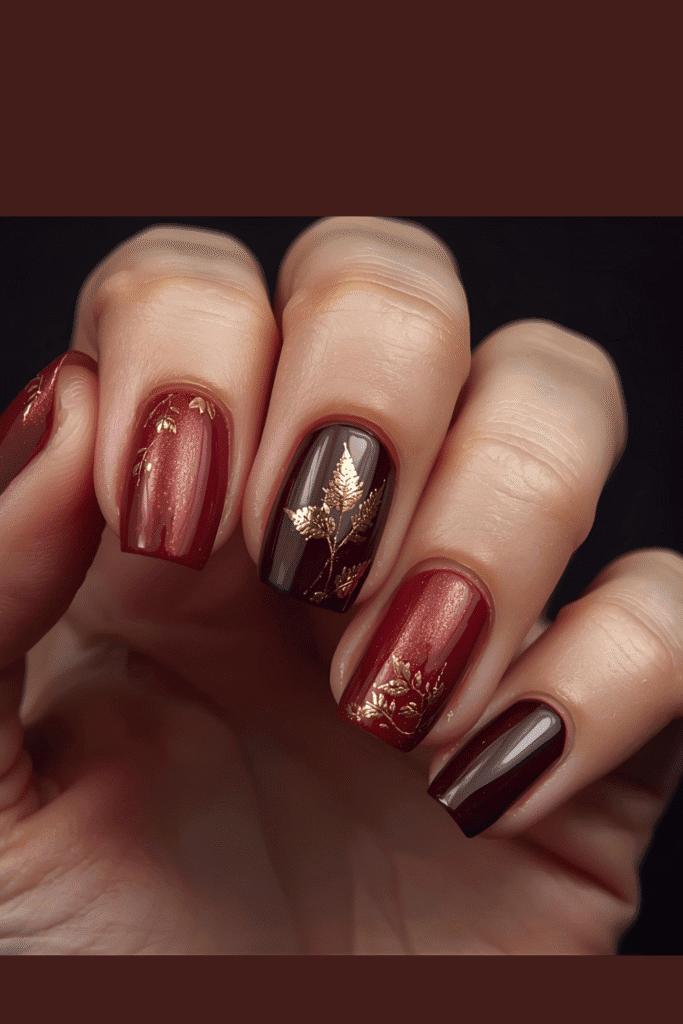 Rich brown nails with leaf details.
