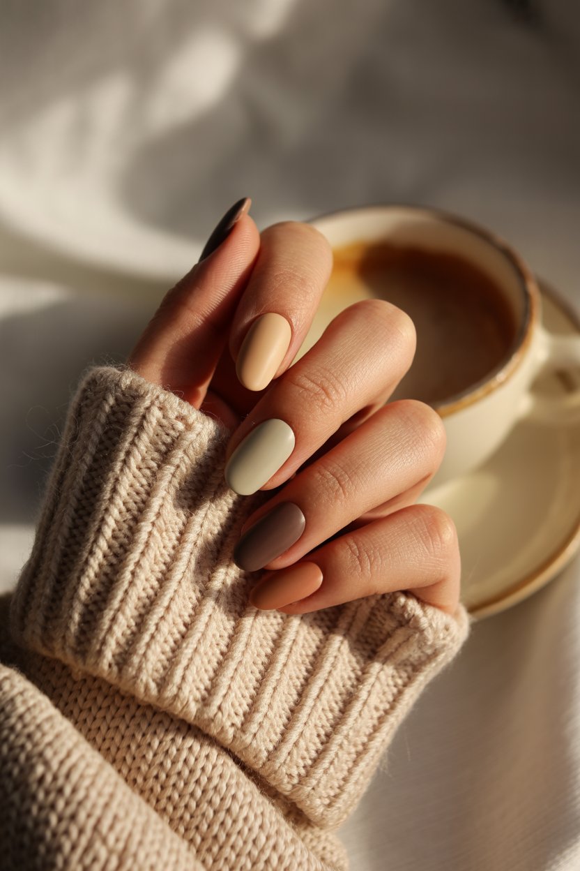 Neutral matte ombre on short oval nails.